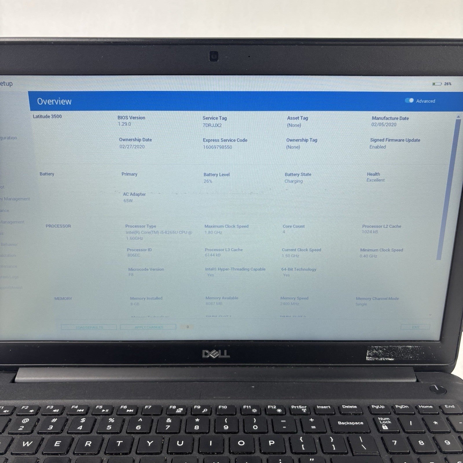 Dell Latitude 3500 15.6" Laptop i5-8265U 1.6 GHz 8 GB Ram No OS No HDD No AC