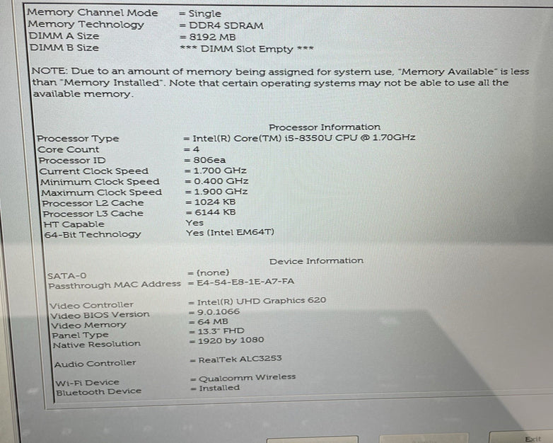 Dell Latitude 3390 13.3" i5-8350U 1.70 GHz 8 GB RAM No SSD/OS/AC/Batt
