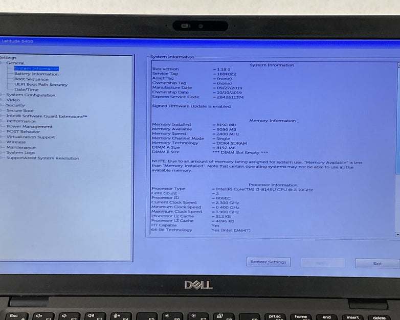 Dell Latitude 5400 Core i3-8145 2.10GHz 8 GB RAM 14" No Battery No HDD No OS