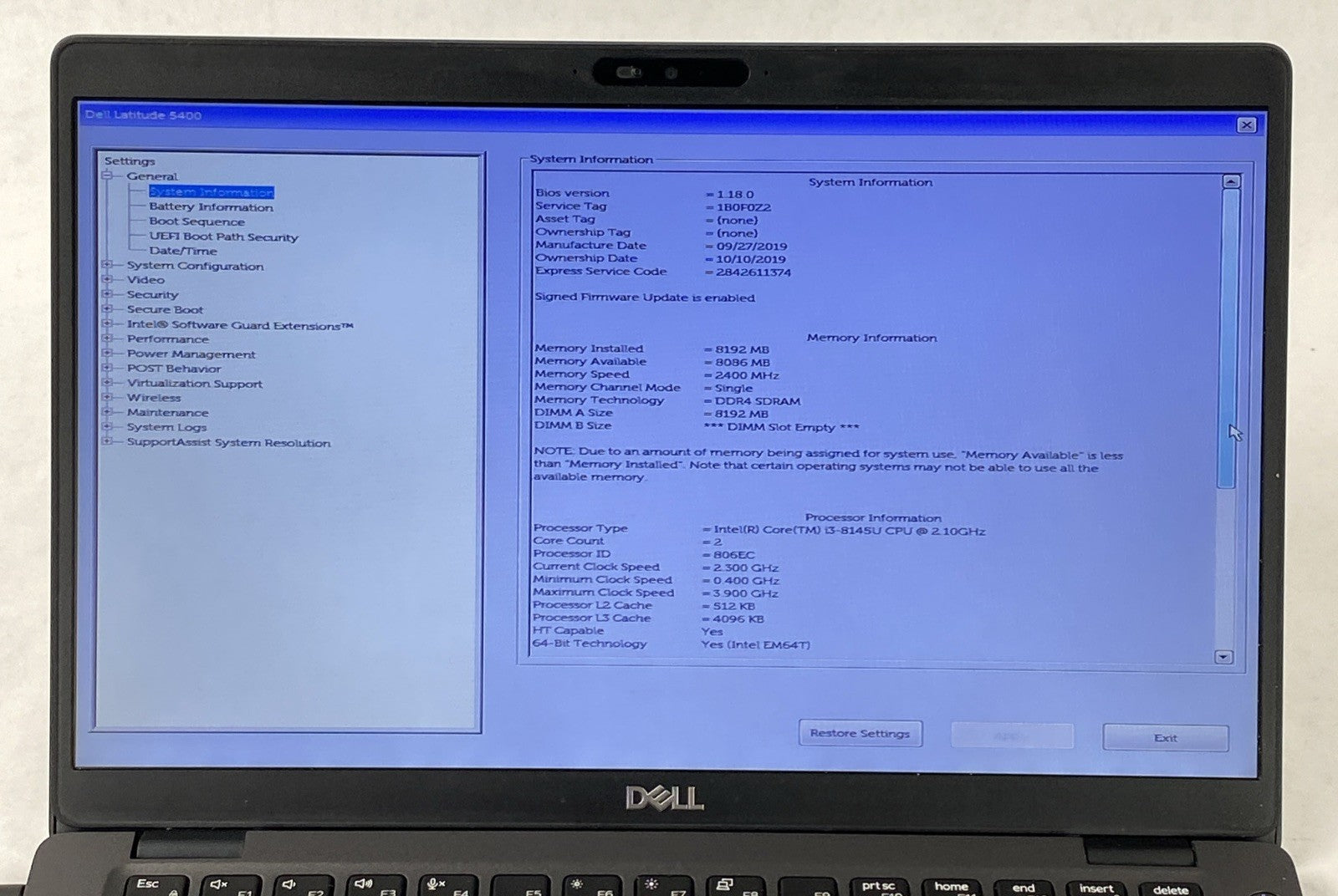 Dell Latitude 5400 Core i3-8145 2.10GHz 8 GB RAM 14" No Battery No HDD No OS
