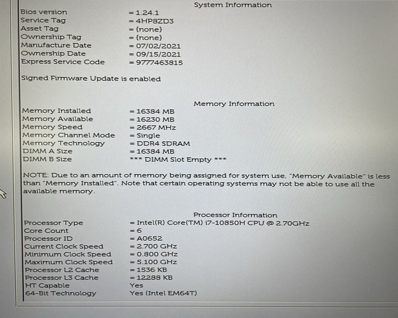 Dell Precision 3551 15.6" i7-10850H 2.70 GHz 16 GB RAM No SSD/OS/AC - READ