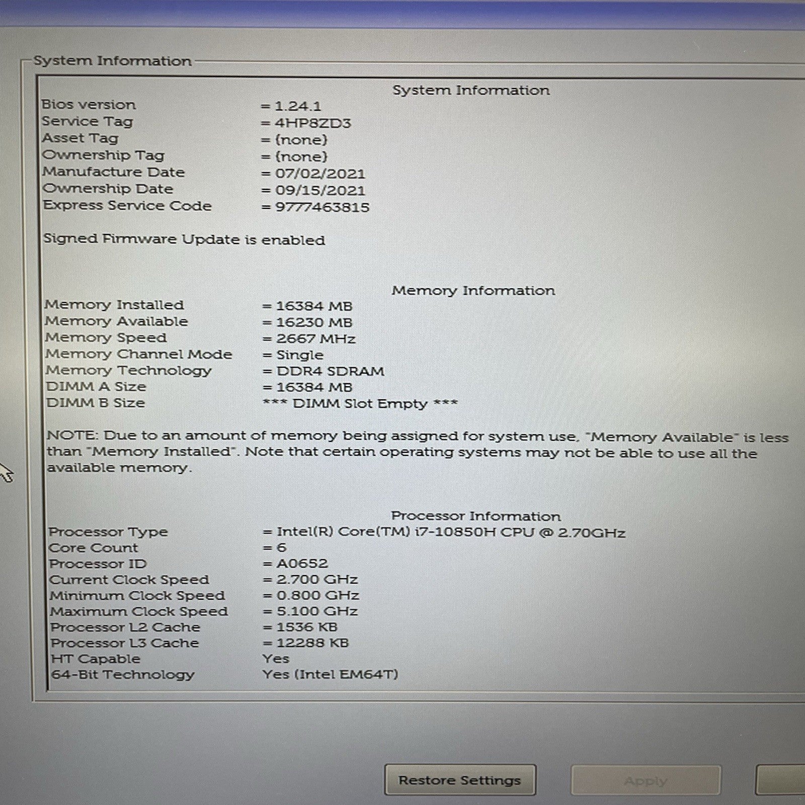 Dell Precision 3551 15.6" i7-10850H 2.70 GHz 16 GB RAM No SSD/OS/AC - READ2