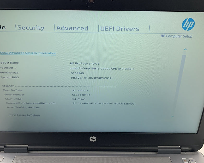 HP Probook 640 G3 14" i5-7200U 2.5 GHz 8 GB Ram No OS No HDD No Batt No AC
