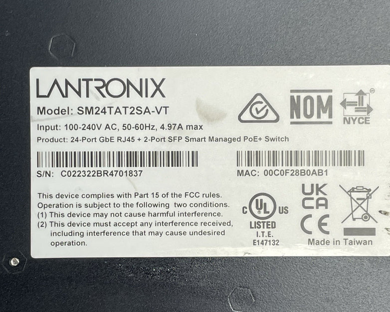 Lantronix SM24TAT2SA-VT 24-Port Managed Gigabit Ethernet PoE+ Tested & Reset
