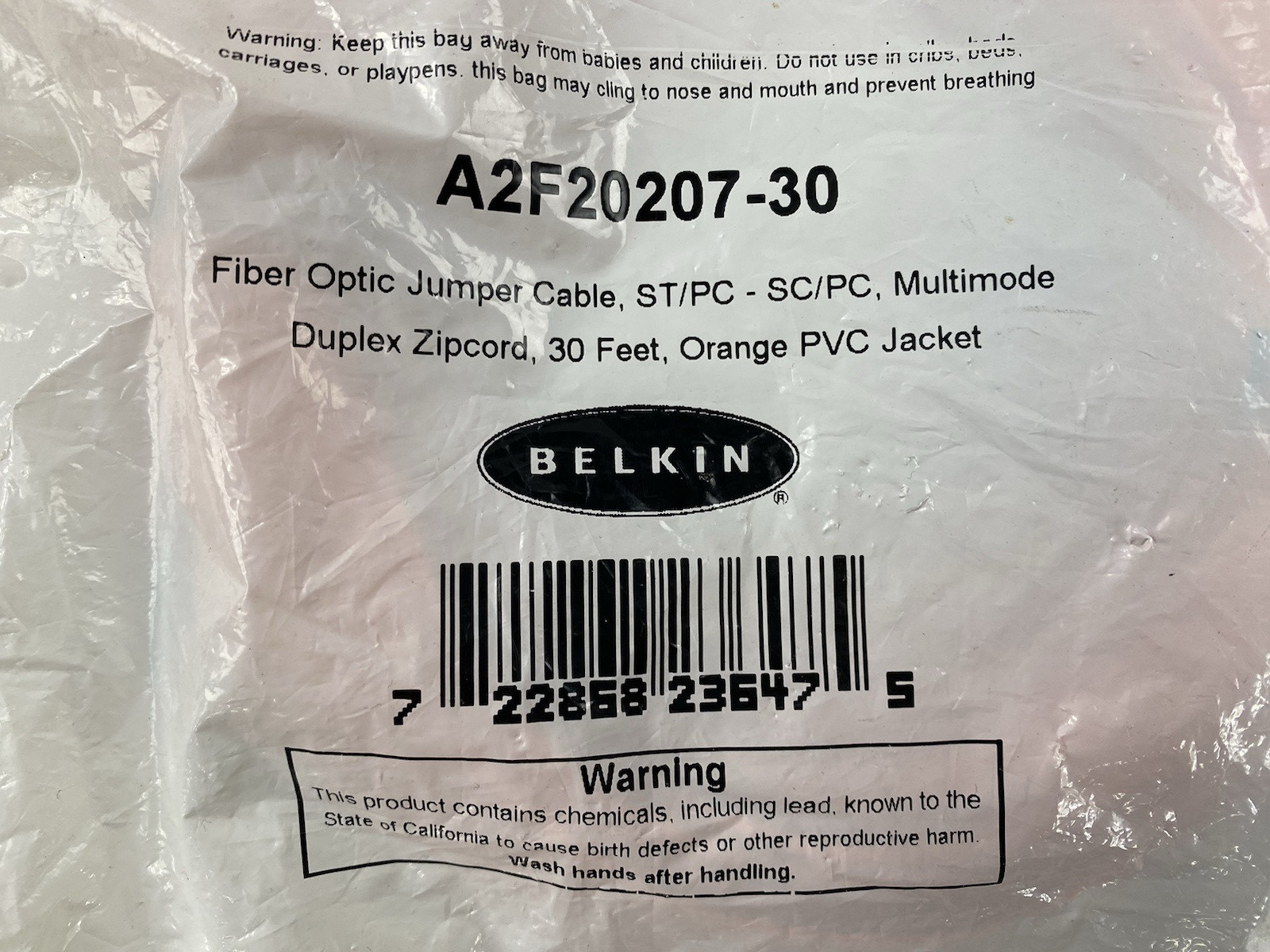 Belkin A2F20207-30 Fiber Optic Jumper Cable 30ft ST to SC Duplex Zipcord Orange