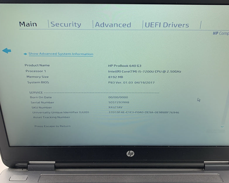HP Probook 640 G3 14" i5-7200U 2.5 GHz 8 GB Ram No OS No HDD No AC
