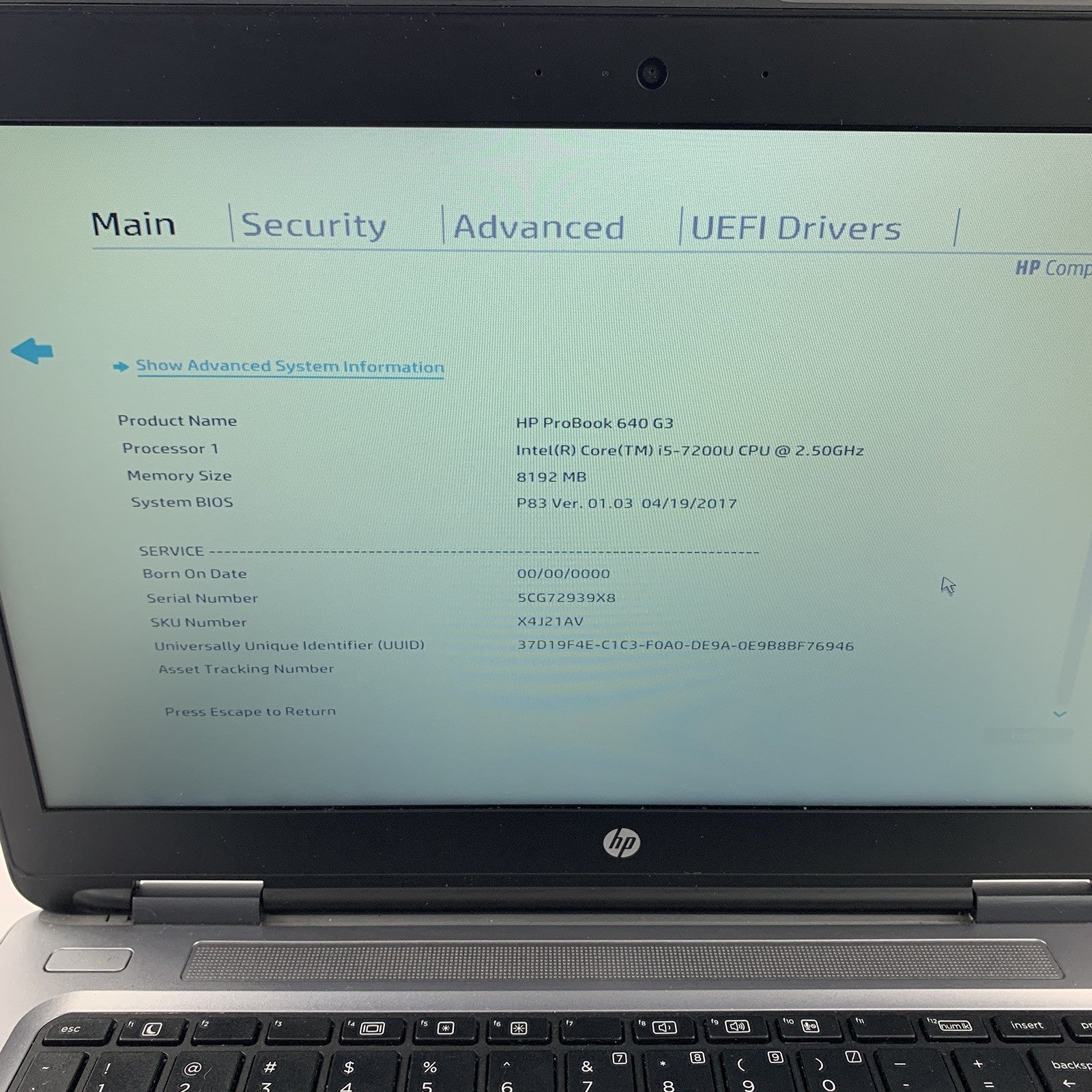 HP Probook 640 G3 14" i5-7200U 2.5 GHz 8 GB Ram No OS No HDD No AC