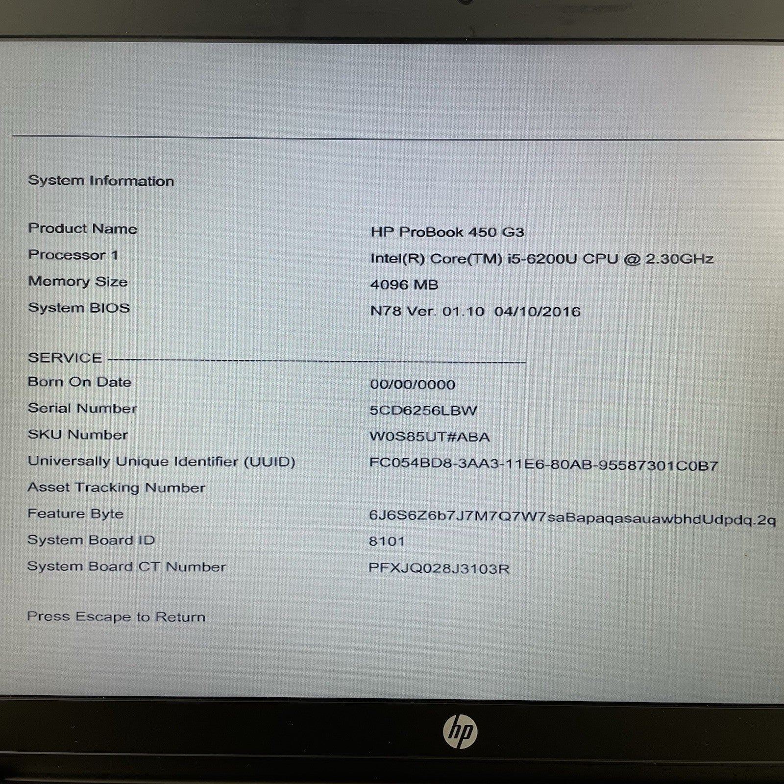 HP ProBook 450 G3 15.6" i5-6200U 2.30 GHz 4 GB RAM No SSD/OS/AC/Battery3