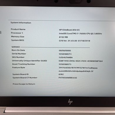 HP EliteBook 850 G5 15.6" i7-7600U 2.80 GHz 8 GB RAM No SSD/OS/AC