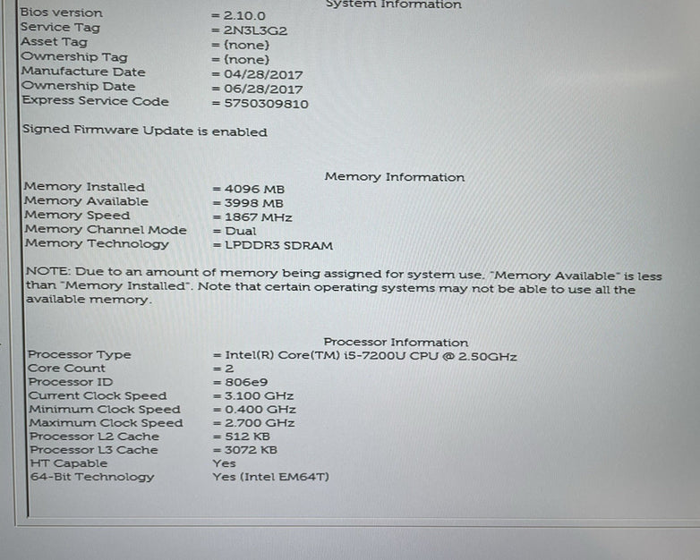Dell XPS 13 9360 13.3" i5-7200U 2.50 GHz 4 GB RAM No SSD/OS/AC/Battery