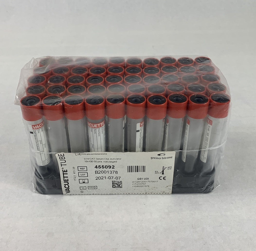 Vacuette 455092 9ml CAT Serum Clot Activator 13x100 50pcs Non-Ridged Tubes