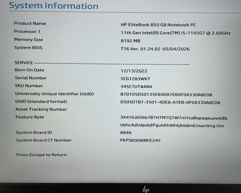 HP EliteBook 850 G8 15.6" i5-1145G7 2.60 GHz 8 GB RAM No SSD/OS/AC/Batt - Rubber