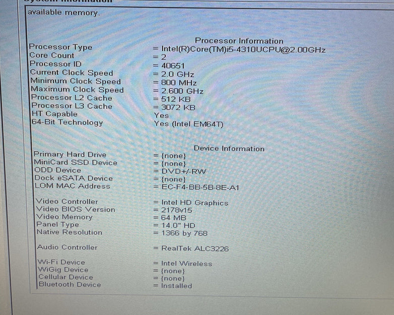 Dell Latitude E55440 14" i5-4310U 2.00 GHz 4 GB RAM No SSD/OS/AC/Batt