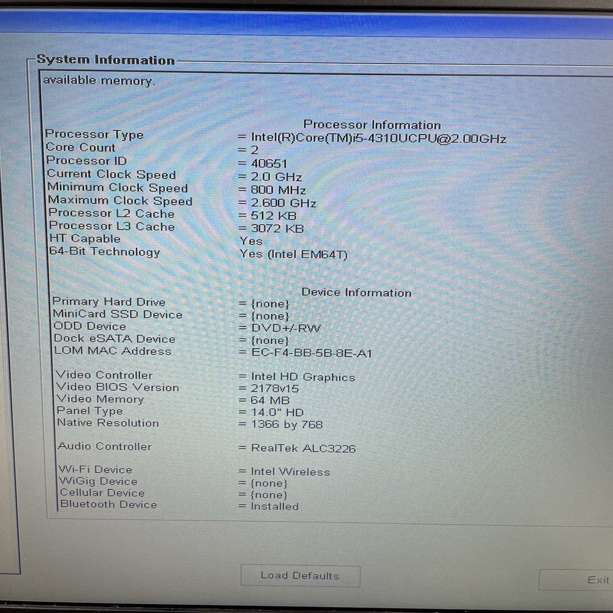 Dell Latitude E55440 14" i5-4310U 2.00 GHz 4 GB RAM No SSD/OS/AC/Batt2