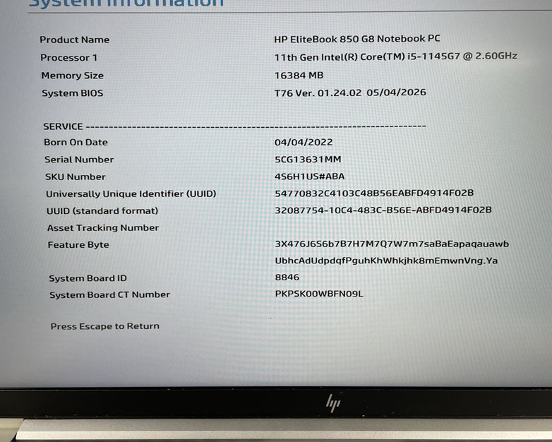 HP EliteBook 850 G8 15.6" i5-1145G7 2.60 GHz 16 GB RAM No SSD/OS/AC/Batt-Rubber