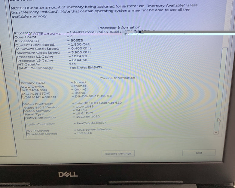 Dell Vostro 3583 15.6" Laptop I5-8265U 1.60 GHz 8 GB RAM No OS/HDD/AC