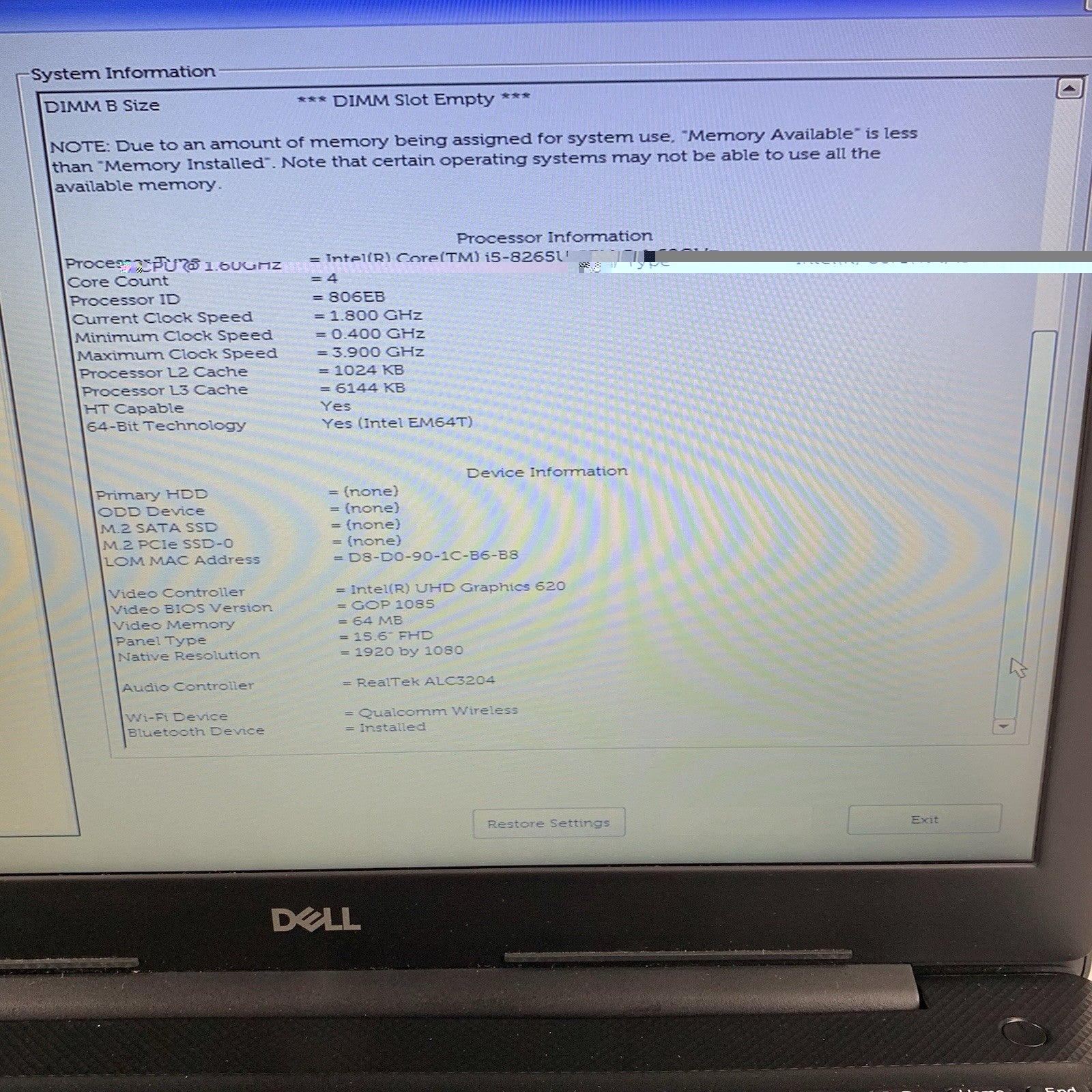 Dell Vostro 3583 15.6" Laptop I5-8265U 1.60 GHz 8 GB RAM No OS/HDD/AC4