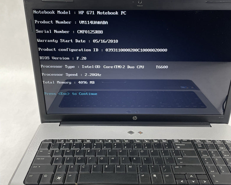 HP G71 NoteBook 16.9" Core 2 Duo t6600 2.20 GHz 4 GB RAM No SSD/OS/AC/Battery