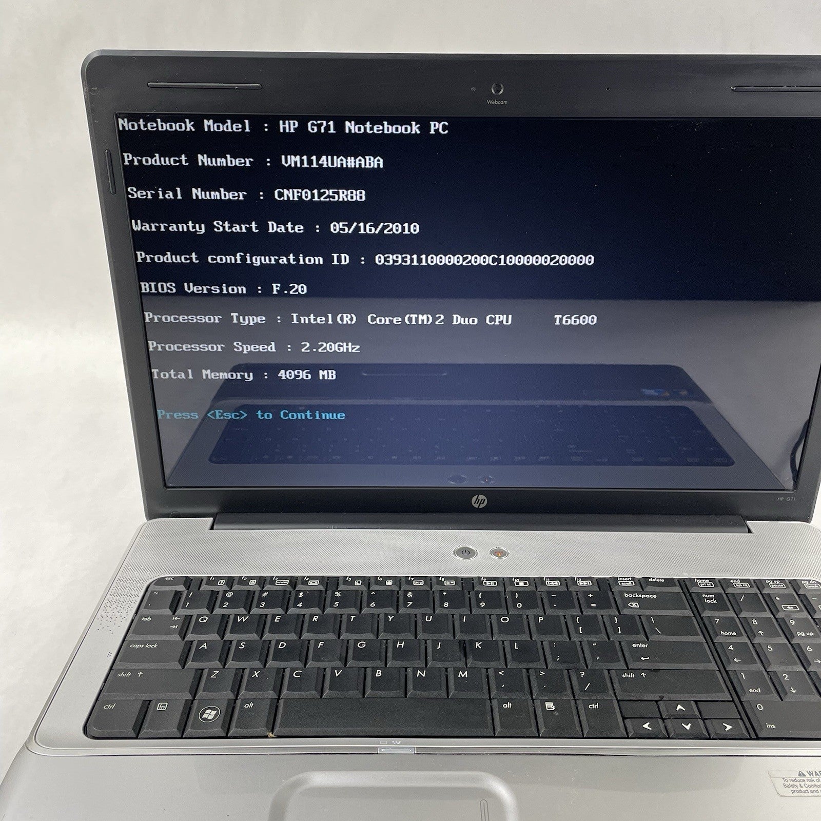 HP G71 NoteBook 16.9" Core 2 Duo t6600 2.20 GHz 4 GB RAM No SSD/OS/AC/Battery2