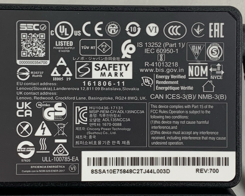 Lenovo ADL135NCC3A SA10E75848 135W 20V AC Adapter Square Slim Tip Lot of 2x