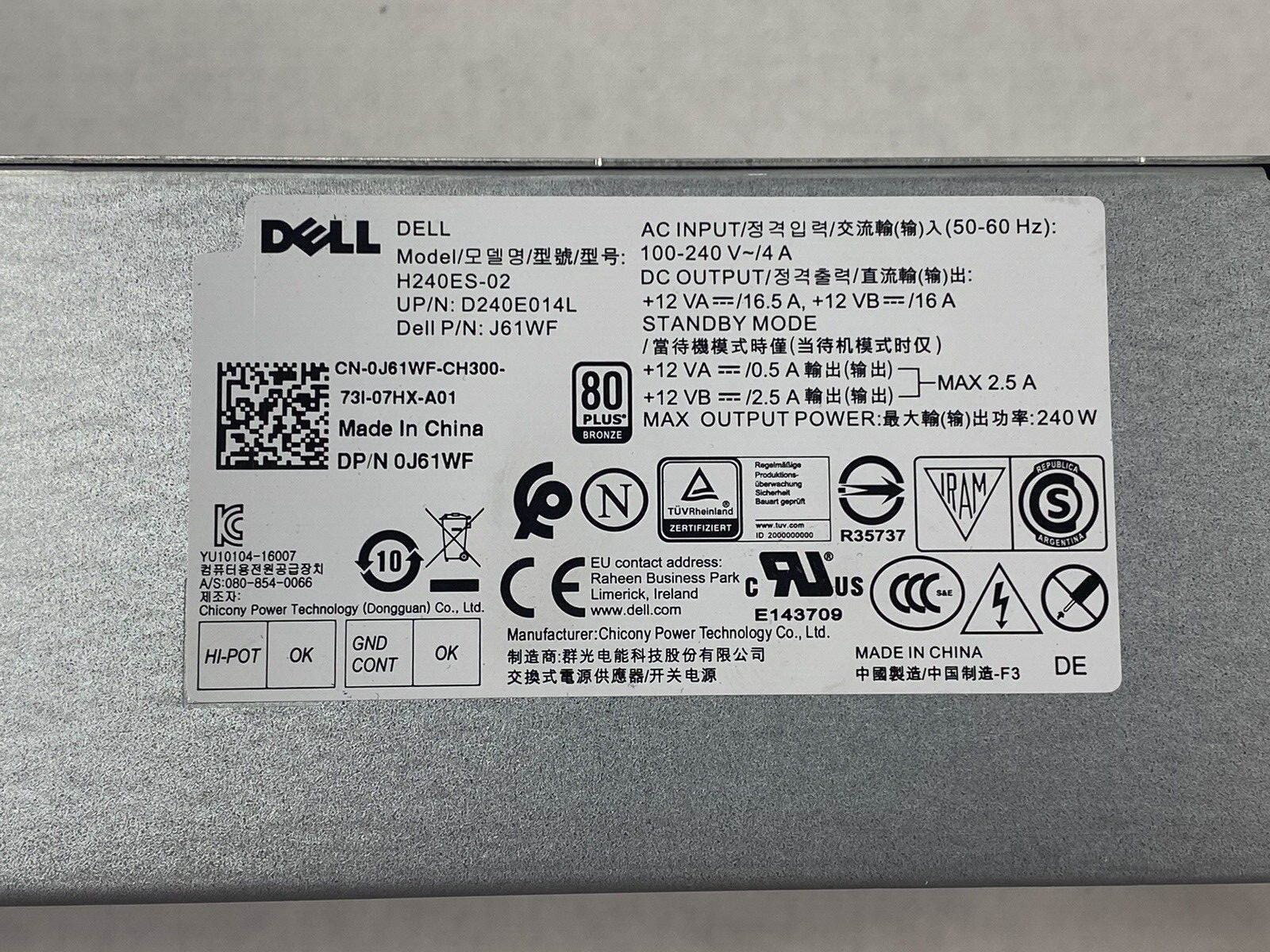 Dell H240ES-02 80 Plus Bronze 240W Power Supply