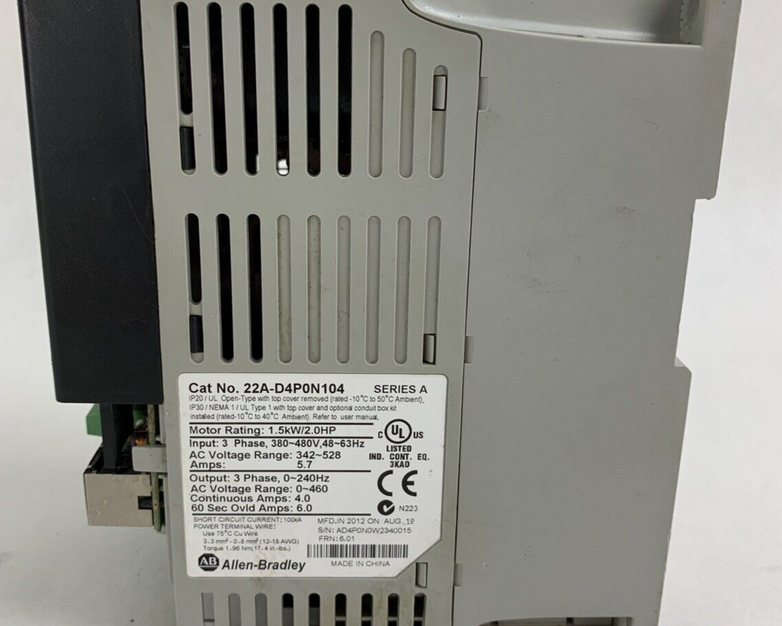 Allen Bradley 22A-D4P0N104 Series A 1.5kW/2.0HP 460V Untested Parts and Repair
