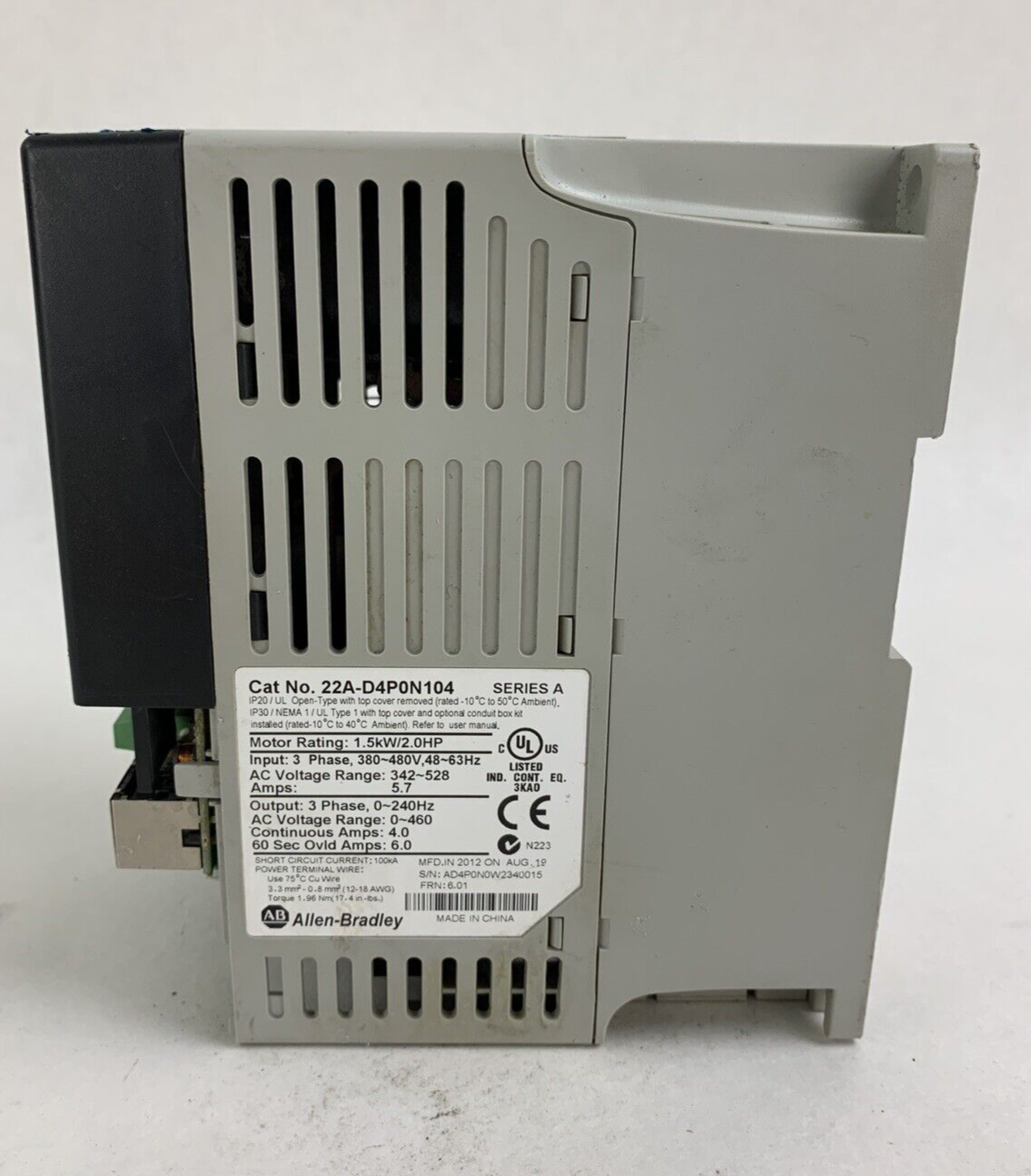 Allen Bradley 22A-D4P0N104 Series A 1.5kW/2.0HP 460V Untested Parts and Repair