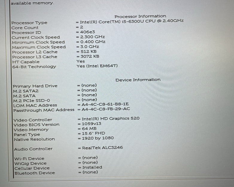 Dell Latitude 5580 15.6" i5-6300U 2.40 GHz 8 GB RAM No SSD/OS/AC