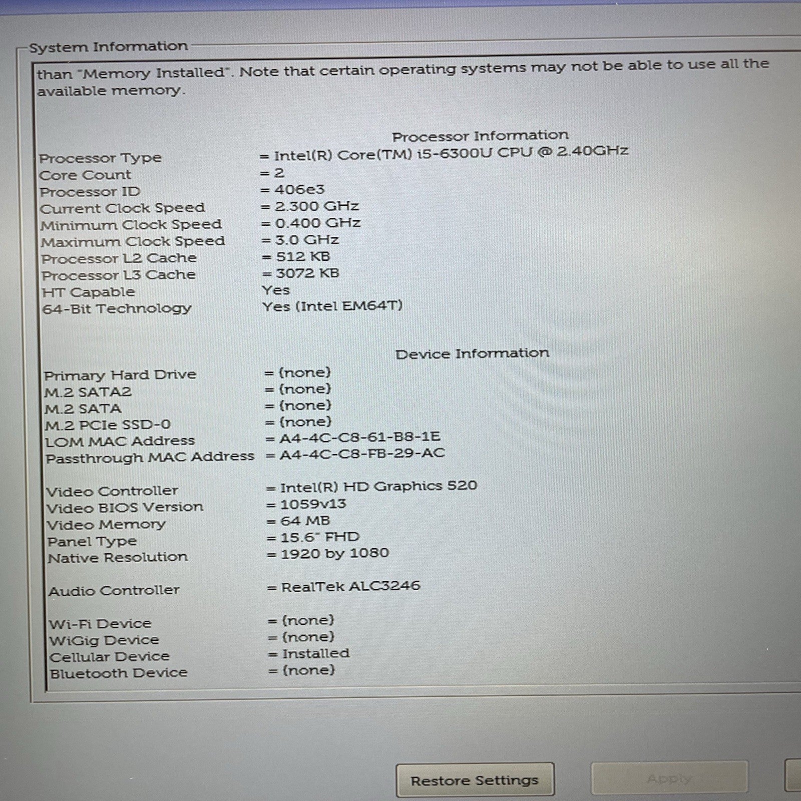 Dell Latitude 5580 15.6" i5-6300U 2.40 GHz 8 GB RAM No SSD/OS/AC3