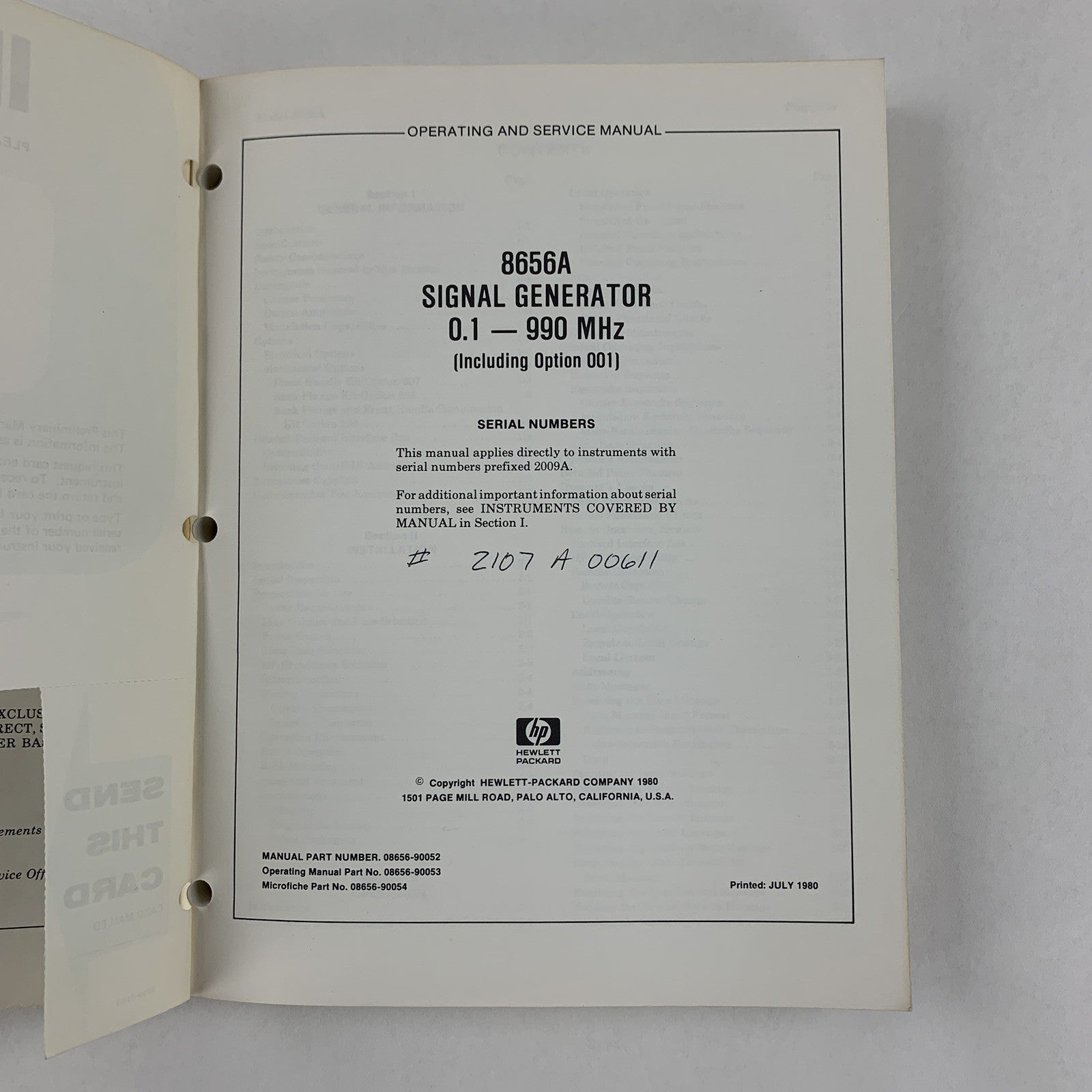 HP 08656-90109 8656A Signal Generator Operating and Service Manual May 1981