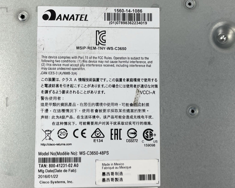 Cisco WS-C3650-48PS-S  V03 48 Port Tested Reset 1X PSU