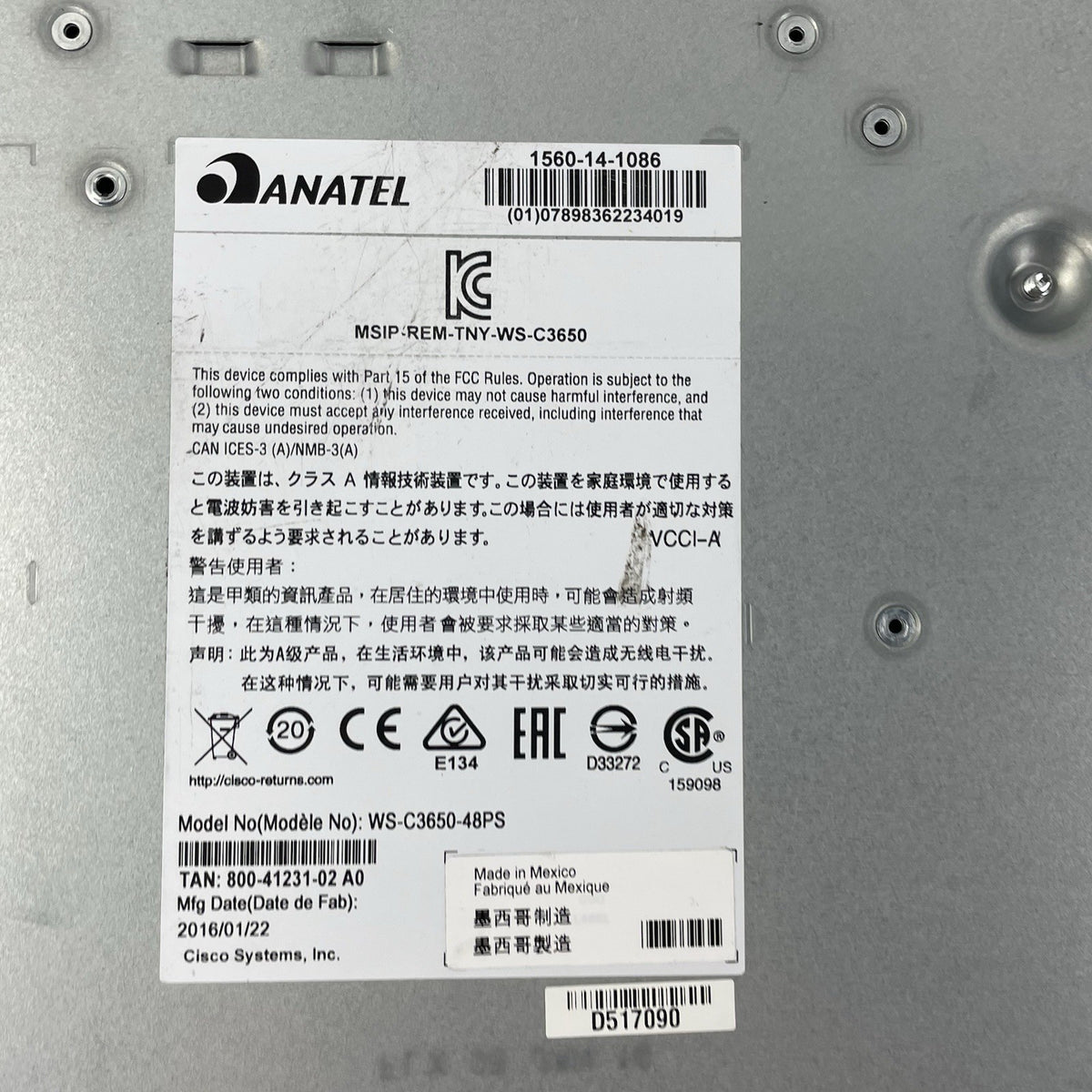 Cisco WS-C3650-48PS-S  V03 48 Port Tested Reset 1X PSU11