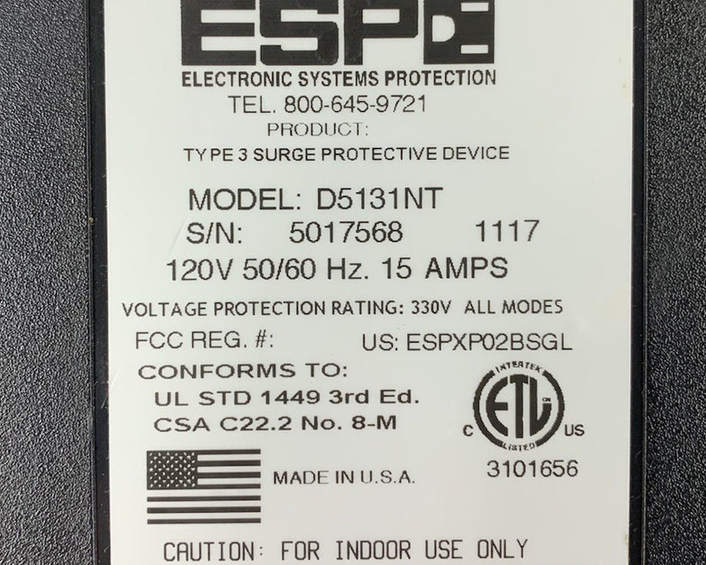 ESP D5131NT 120V 60Hz 15A Transient Voltage Surge Suppressor