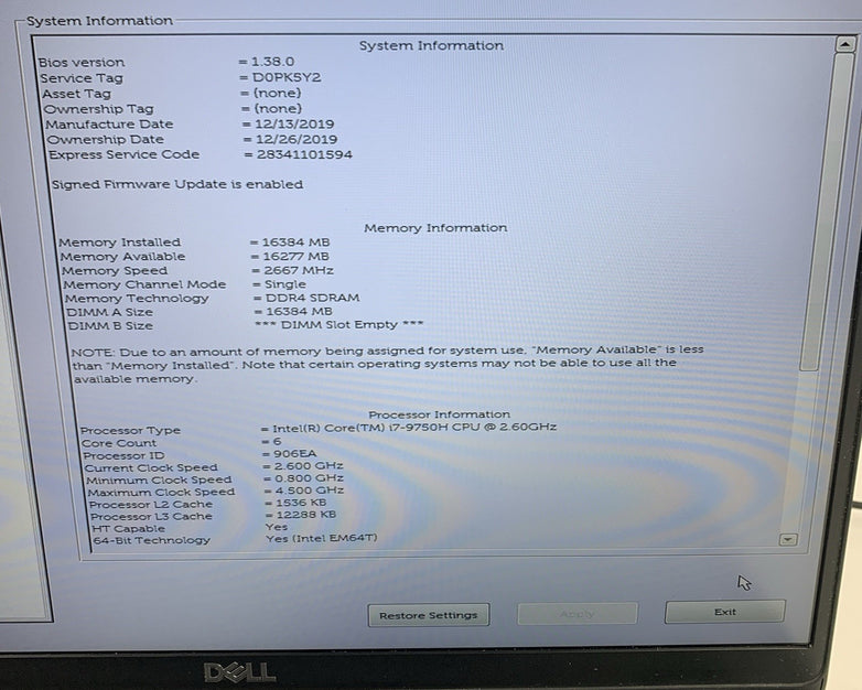 Dell Precision 3541 15.6" Laptop Intel i7-9750H 2.6 GHz 16 GB Ram No OS No HDD