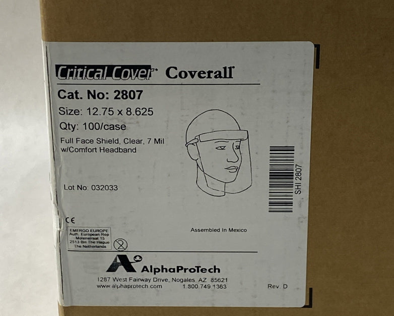 Alpha Protech Critical Cover Coverall 2807 Full Face Shields Clear - Case of 100