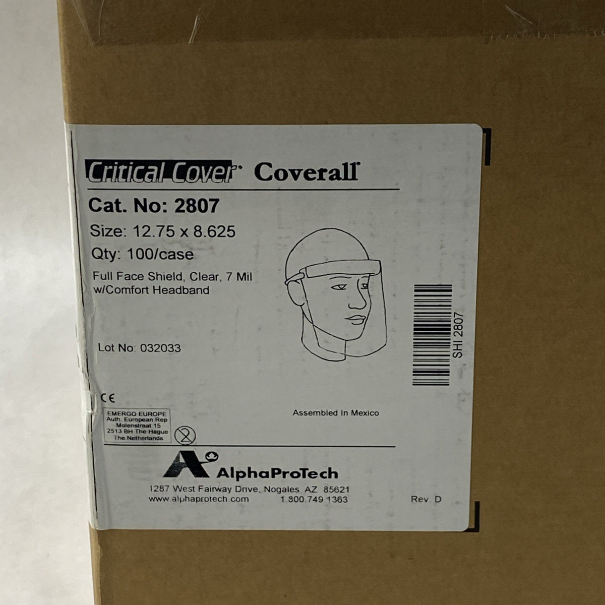 Alpha Protech Critical Cover Coverall 2807 Full Face Shields Clear - Case of 1002