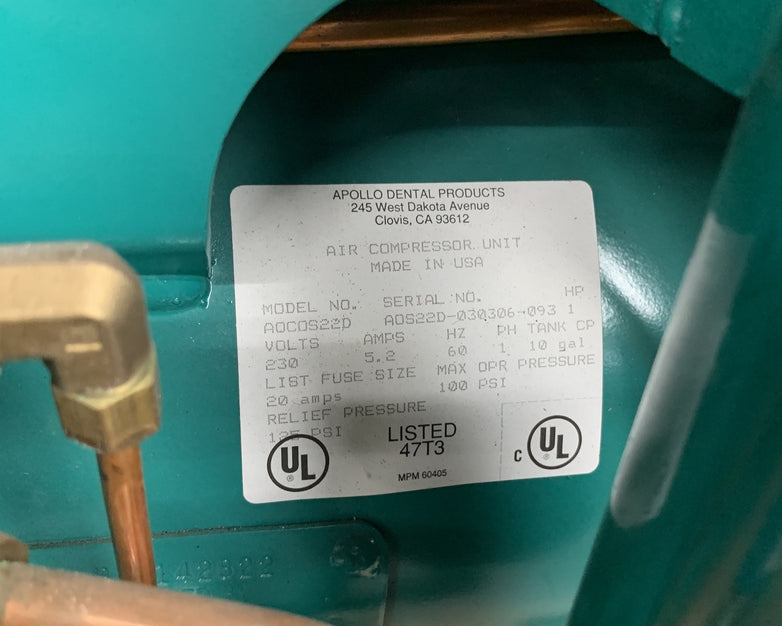 ADP Apollo A0C0S22D Dental Air Compressor Unit Oil Lubricated 1HP 230V