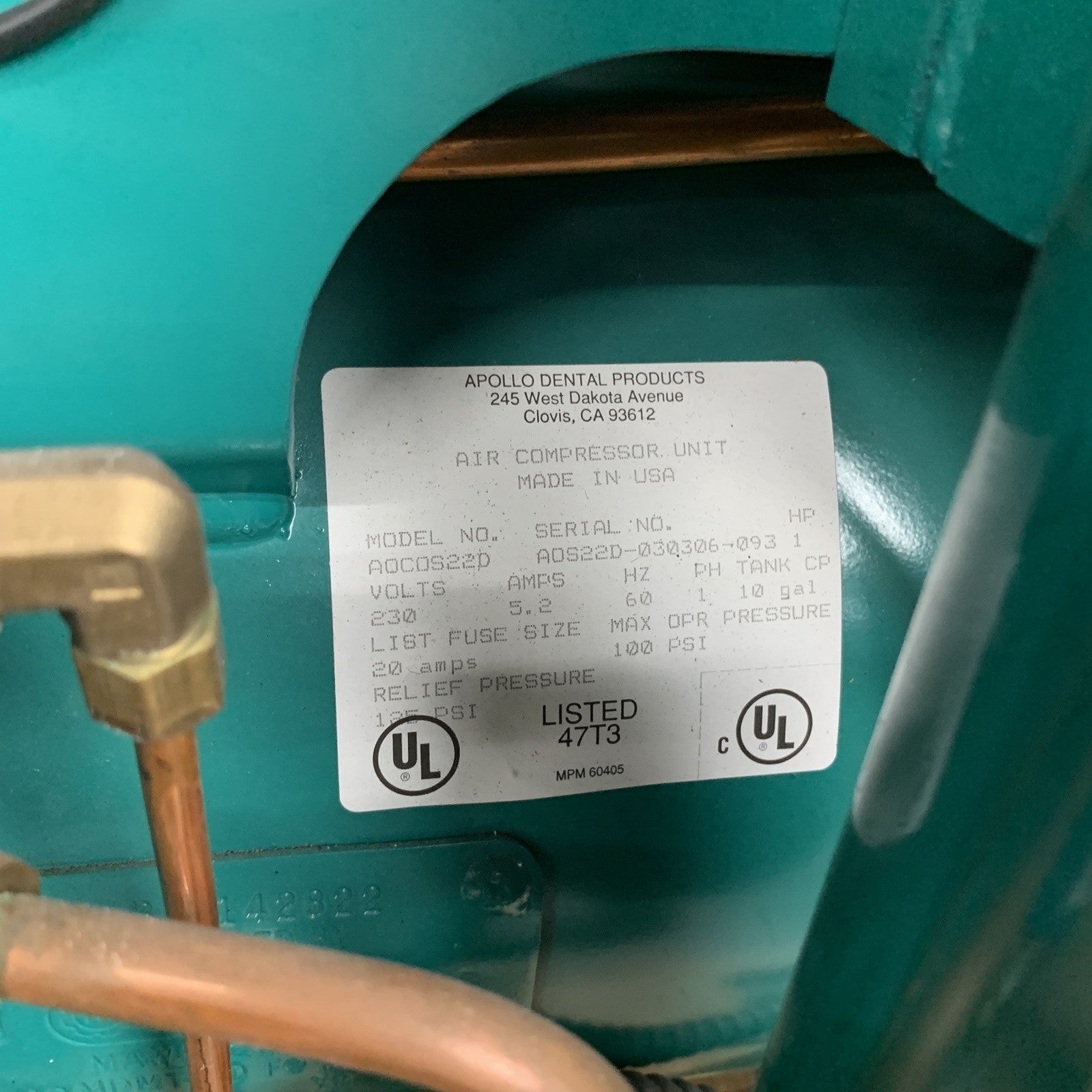 ADP Apollo A0C0S22D Dental Air Compressor Unit Oil Lubricated 1HP 230V