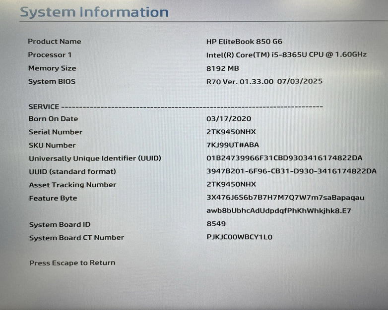 HP EliteBook 850 G6 15.6" i5-8365U 1.60 GHz 8 GB RAM No SSD/OS/AC - Dent