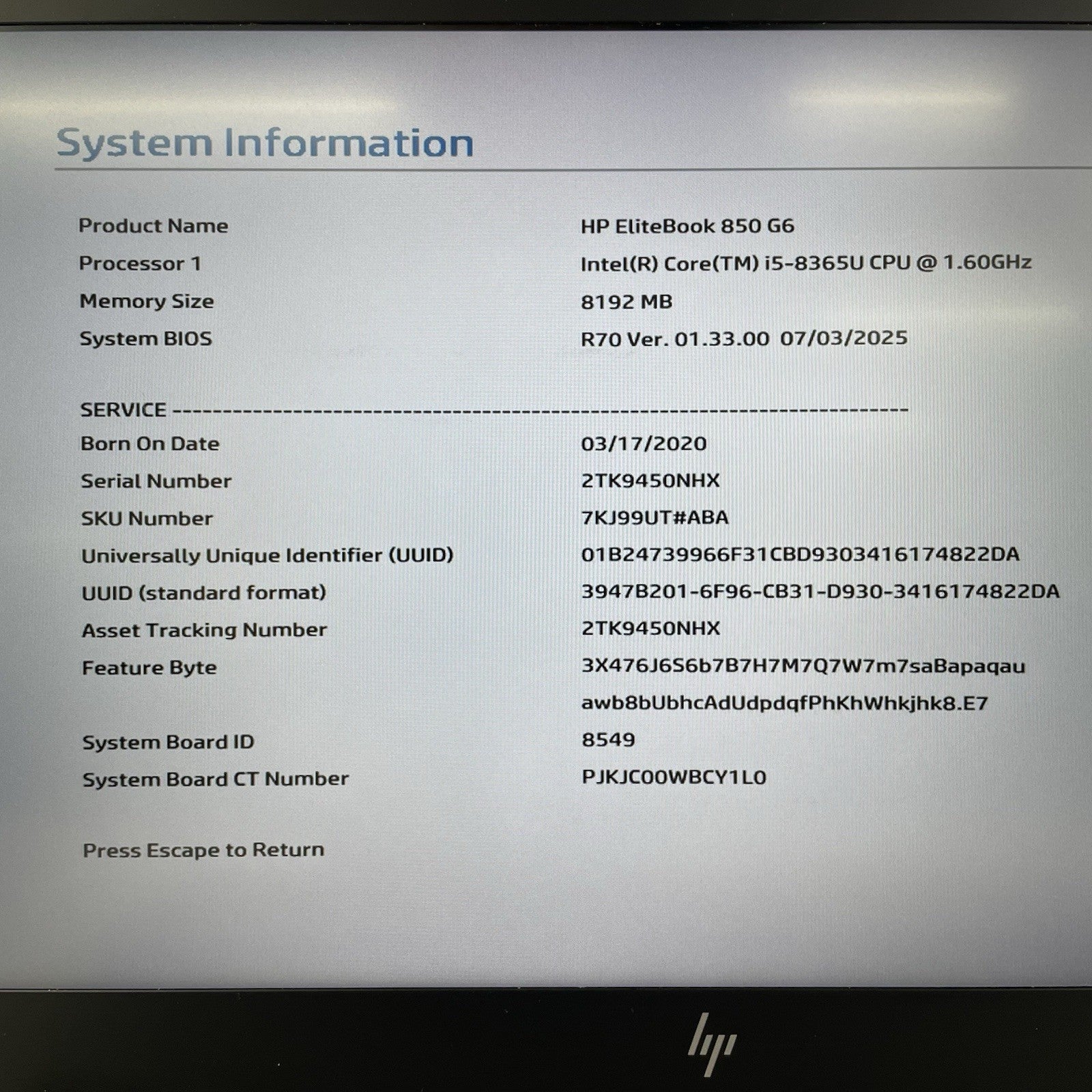 HP EliteBook 850 G6 15.6" i5-8365U 1.60 GHz 8 GB RAM No SSD/OS/AC - Dent2
