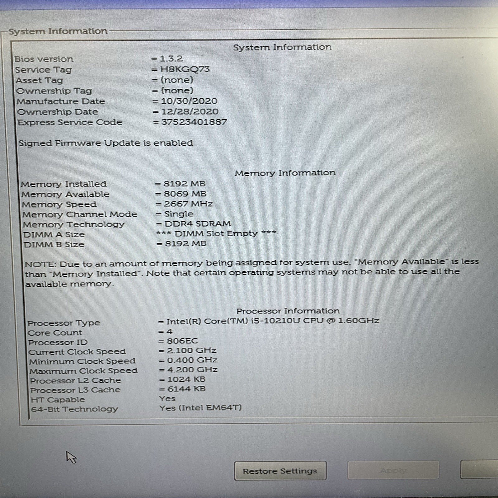 Dell Latitude 5510 15.6" i5-10210U 1.60 GHz 8 GB RAM No SSD/OS/AC - READ2