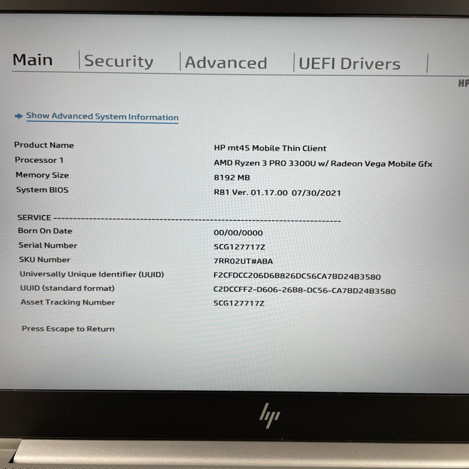 HP mt45 14" Ryzen 3 Pro 3300U 2.10 GHz 8 GB RAM No SSD/OS/AC - Tilted Key3