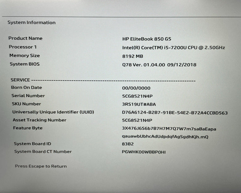 HP EliteBook 850 G5 15.6" i5-7200U 2.50 GHz 8 GB RAM No SSD/OS/AC - READ