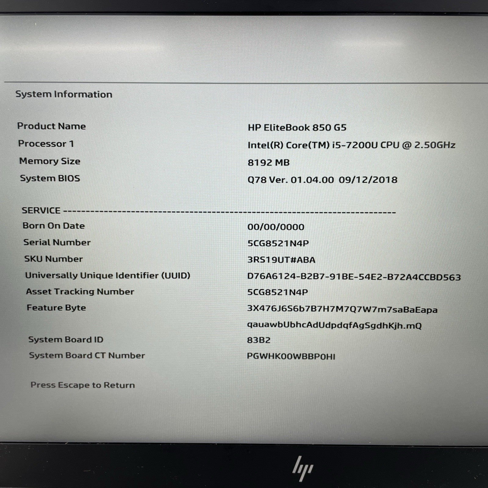 HP EliteBook 850 G5 15.6" i5-7200U 2.50 GHz 8 GB RAM No SSD/OS/AC - READ2