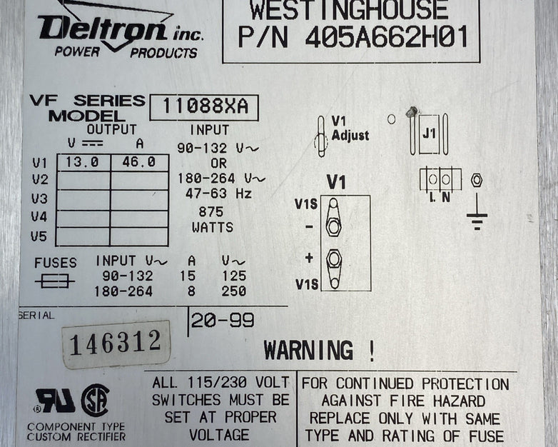 Deltron VF Series 11088XA 13VDC 46A 875W Westinghouse 405A662H01 Power Supply