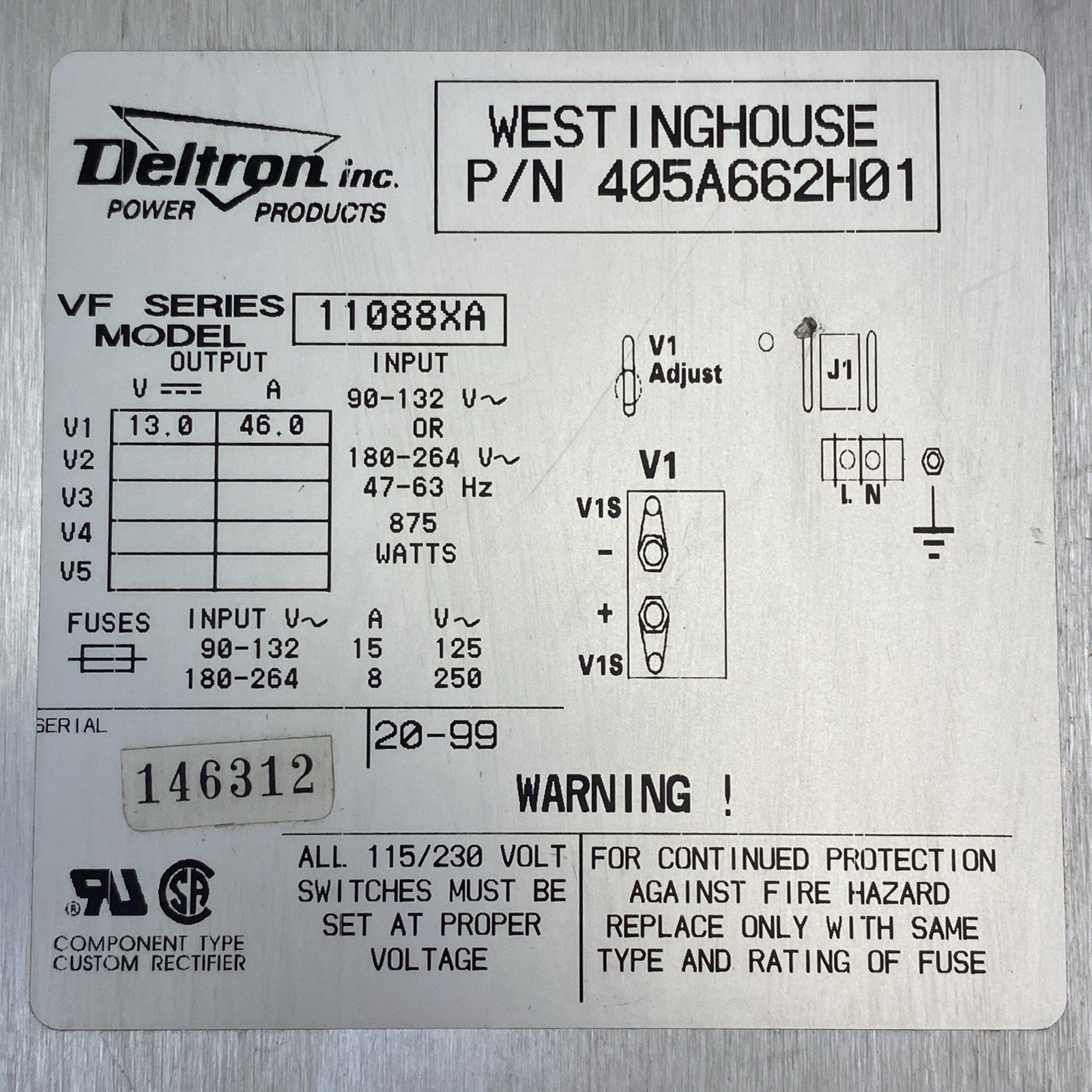 Deltron VF Series 11088XA 13VDC 46A 875W Westinghouse 405A662H01 Power Supply 8