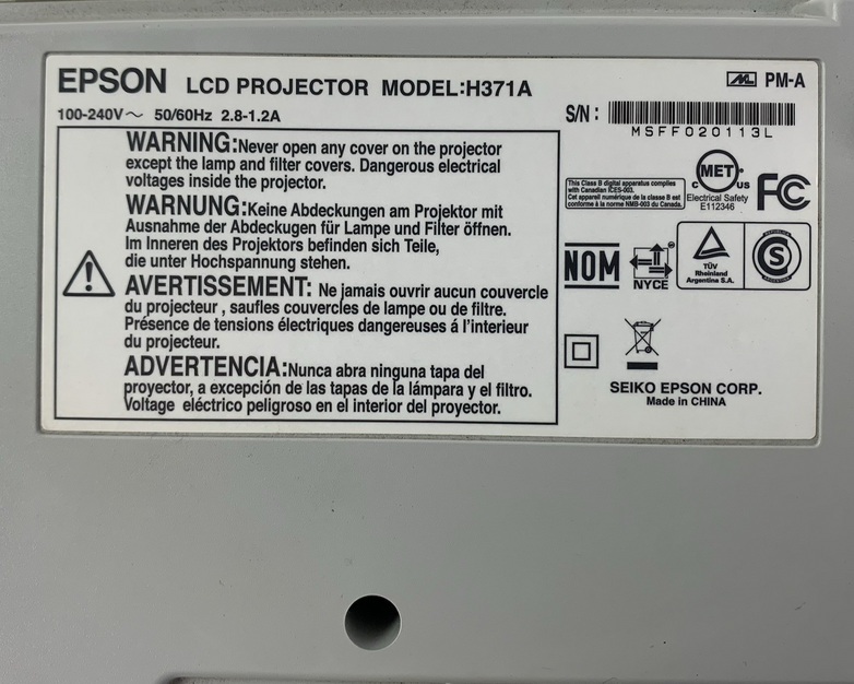 Epson H371A PowerLite 83+ LCD Projector - Tested No Remote 0 Lamp Hours