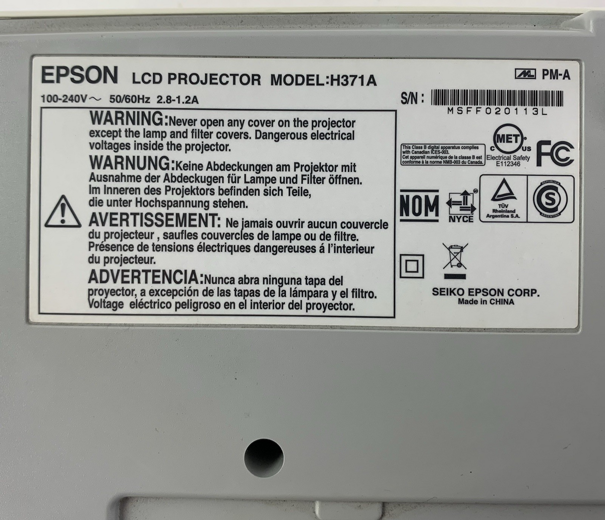 Epson H371A PowerLite 83+ LCD Projector - Tested No Remote 0 Lamp Hours9