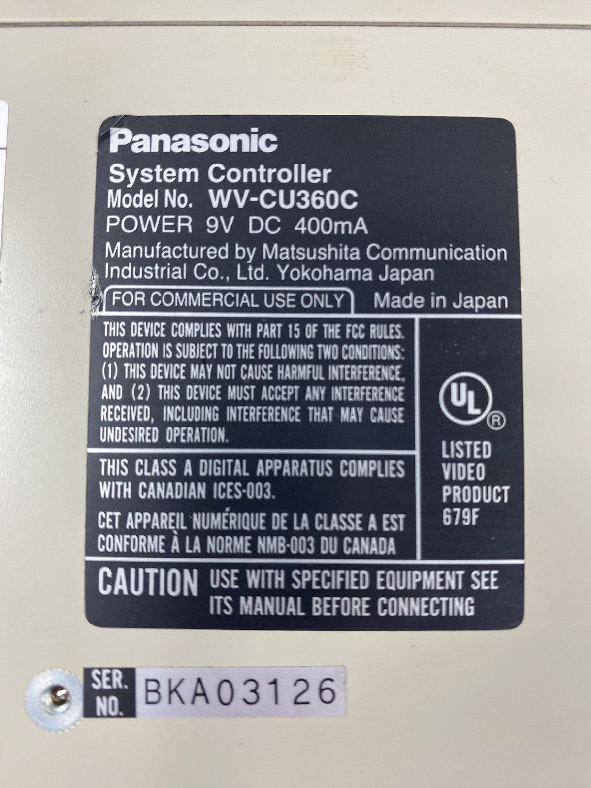 Panasonic WV-CU360C System Controller with AC Adapter Tested