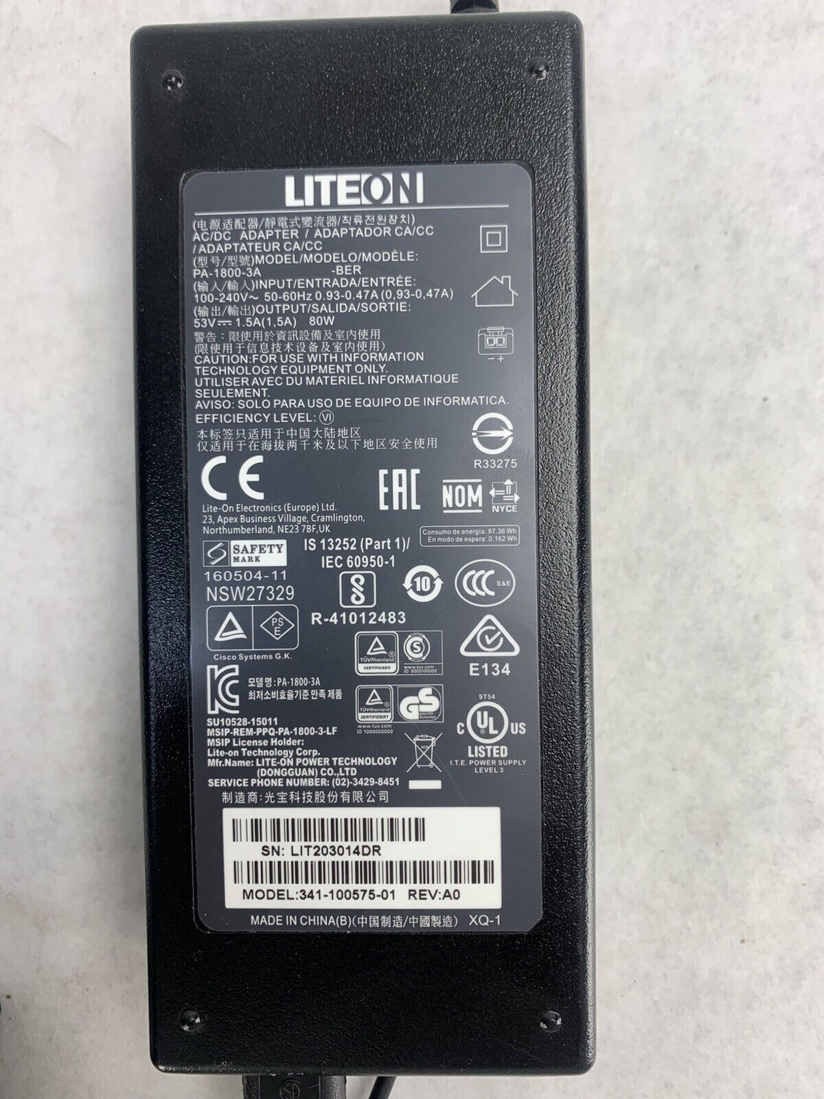 Liteon PA-1800-3A AC/DC Adapter 100-240V 50-60Hz 53V 80W